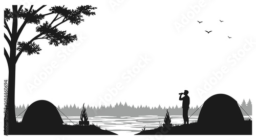 a serene lakeside scene with tents trees and flying birds