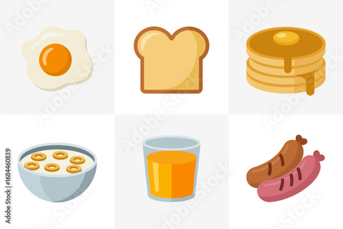 Classic morning meal vector icons, egg toast bowl of cereal orange juice sausage pancakes, breakfast food illustration set