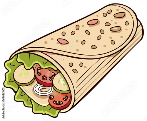 Colorful cartoon illustration of a delicious fresh vegetable wrap filled with healthy ingredients