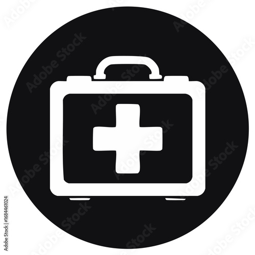 Simple white first aid kit icon with a medical cross on a black circular button