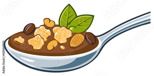 Spoonful of healthy cereal with nuts seeds and leaves illustration