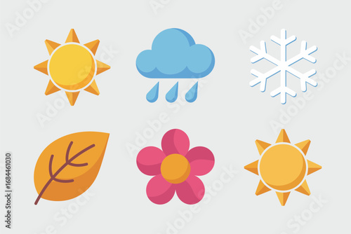 Seasonal weather icons collection, sunshine rain cloud snow leaf flower symbols, climate and seasonal vector illustration pack