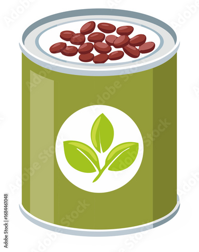 Canned beans with a green label logo. Vector illustration of the food.