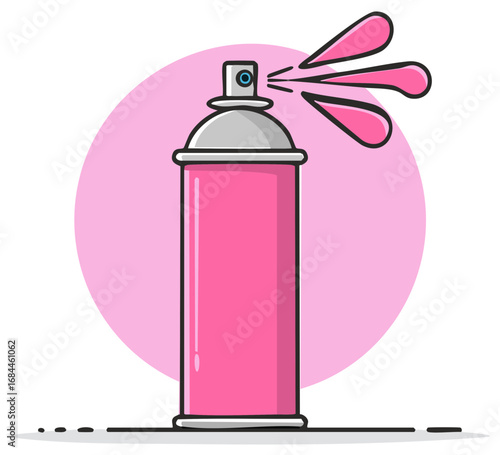 Spray can illustration with pink color emanating from the nozzle on pink circle in the background