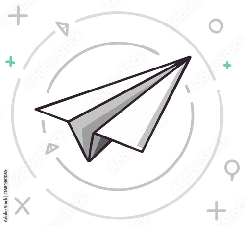 Conceptual paper airplane with flight path. Symbolizes direction, journey, communication, and ambition.