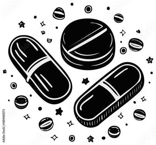 Ink illustration of pills and tablets for healthcare concept