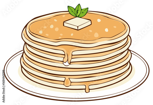 Cartoon illustration of stacked pancakes with dripping syrup butter and fresh green garnish on a plate