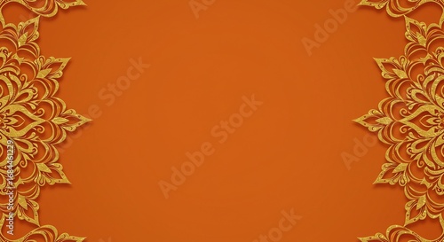 Symmetrical golden baroque ornaments forming a luxurious decorative frame on an orange background