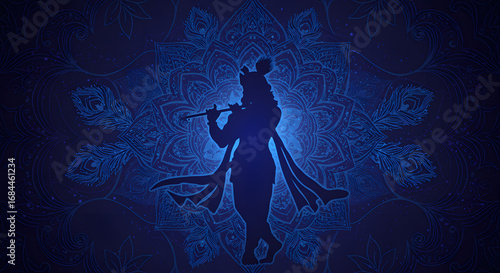 Silhouette of Lord Krishna playing the flute against a vibrant blue mandala and peacock feather background, spiritual and divine art.