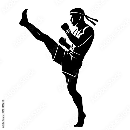 Dynamic silhouette of Muay Thai fighter executing high kick in traditional shorts and Mongkol headband. 