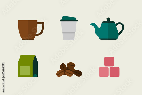 Coffee tea flat icon pack, coffee cup teapot beans tea bag carton, cafe packaging design, warm beverage graphics