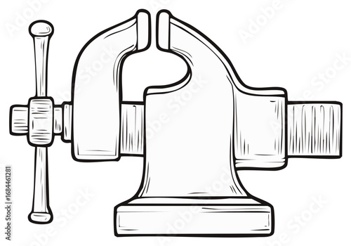 Black and white sketch of a bench vise clamping tool for carpentry or metalworking