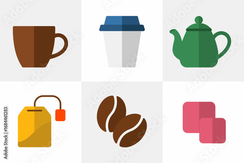 Coffee and tea flat design illustrations, takeaway cup mug teapot tea bag coffee beans sugar cube, cafe beverage pack