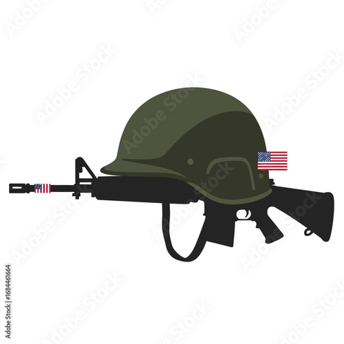 Symbolic depiction of military service and sacrifice with rifle and helmet imagery honoring soldiers
