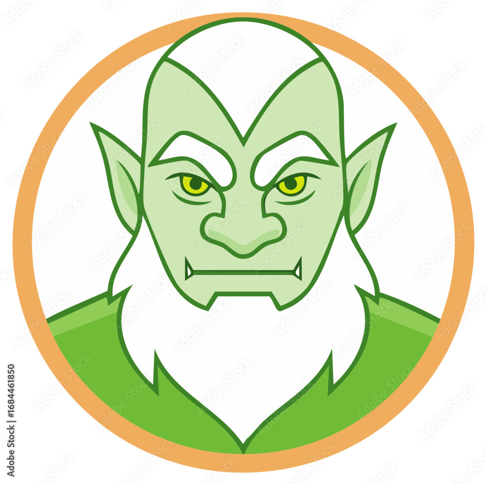 Obraz premium Stylized illustration of a green creature's face with pointed ears and a white beard.
