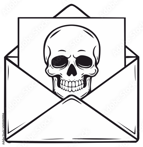 Skull illustration emerging from a blank envelope, death concept.