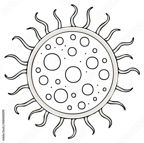 Cartoon sun doodle with wavy sunbeams and spotted surface circles