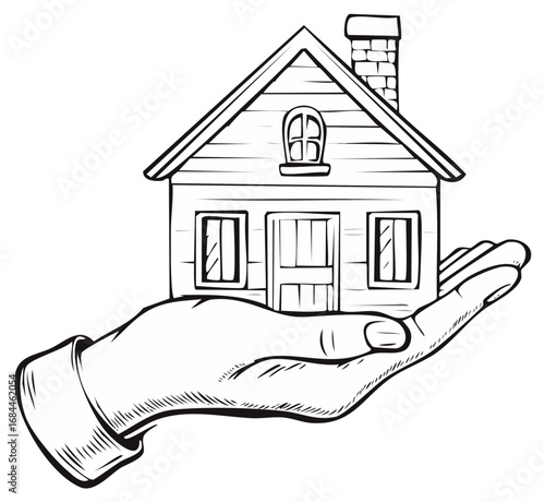 Hand holding a small house in a black and white line art illustration for a real estate concept