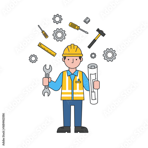 Detailed illustration featuring a construction worker surrounded by essential tools and gear