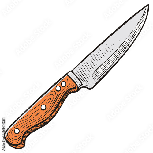 Detailed Hand-Drawn Kitchen Knife Illustration with Wood Grain Handle and Sharp Steel Blade for Culinary Use
