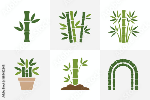 Green bamboo illustration collection, stalks leaves potted plants decorative arches, botanical vector icons, eco friendly tropical design elements