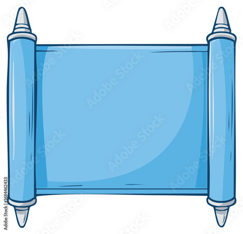 Cartoon style blue scroll unfurled with handles for text display, parchment banner, announcement billboard