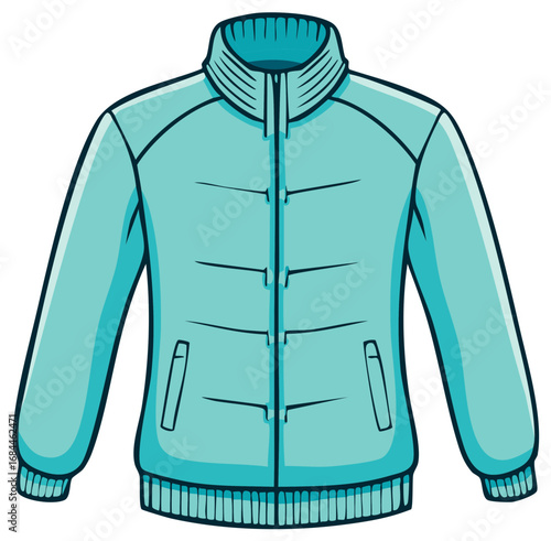Stylish light blue winter puffer jacket with a zipper cartoon illustration