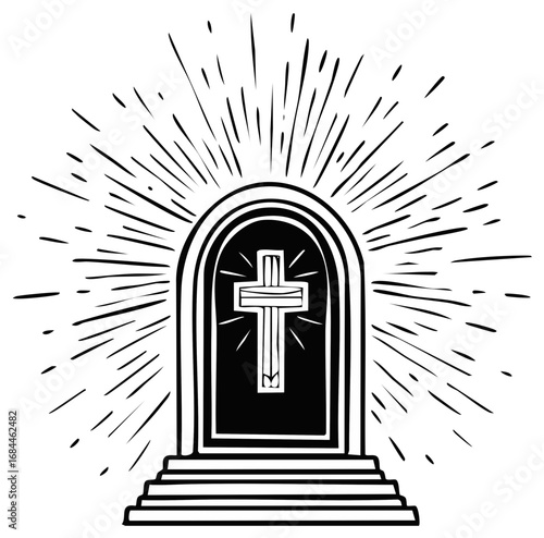 Christian cross inside an open doorway with rays shining, symbol of faith and easter resurrection