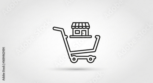 Online shopping cart with store front vector icon for ecommerce and retail business concept design