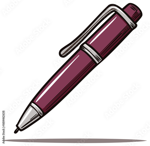 Burgundy pen illustration with a silver clip and isolated on white.