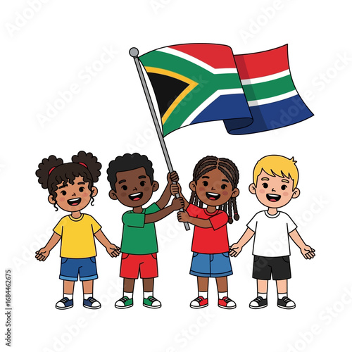 Cheerful children holding south african flag, celebrating cultural diversity and unity together,