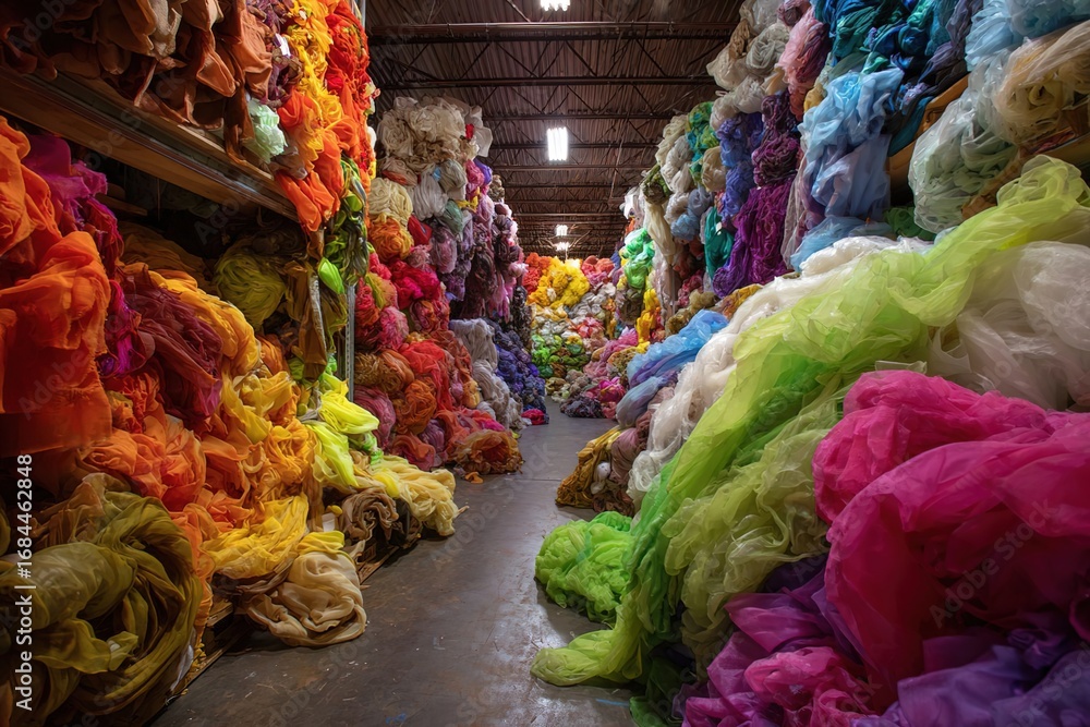 Fototapeta premium A vibrant fabric warehouse filled with colorful rolls of tulle in various shades. The scene showcases a wide array of textures and colors, creating a lively atmosphere.