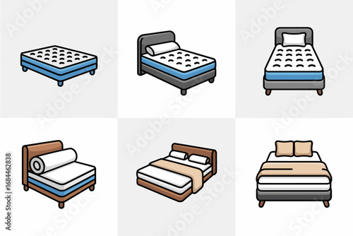 Bedroom bed vector illustrations, single double bunk platform canopy styles, mattress frame designs, interior furniture bedroom graphics