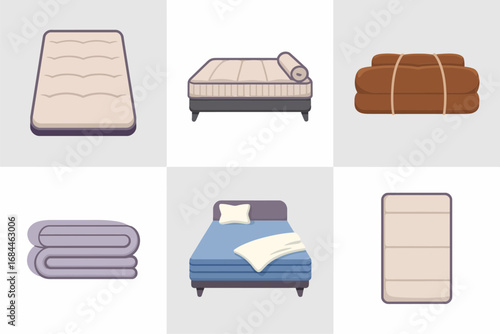 Bedding essentials vector icons, mattress pad folded blanket comforter pillow sheet, bed liner cover designs, bedroom textile graphics