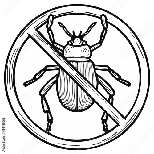 Hand-drawn beetle illustration with cancellation circle, conceptual pest control.