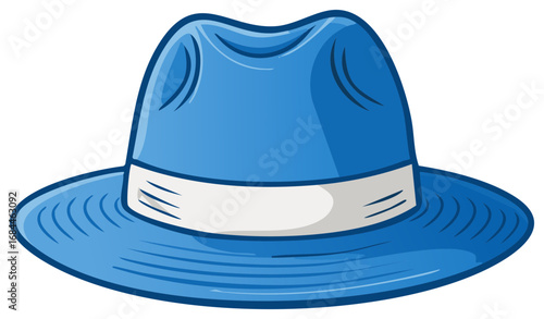 Cartoon blue fedora with white band, vintage hat accessory, illustration for graphic and creative projects