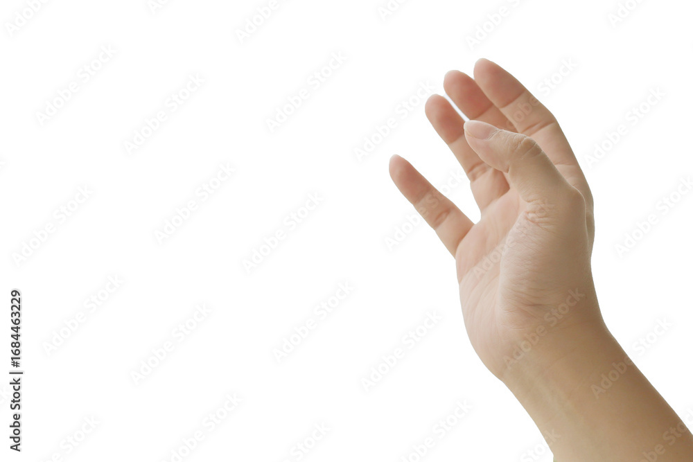 Naklejka premium A single hand reaching out with slightly curved fingers on a white background.