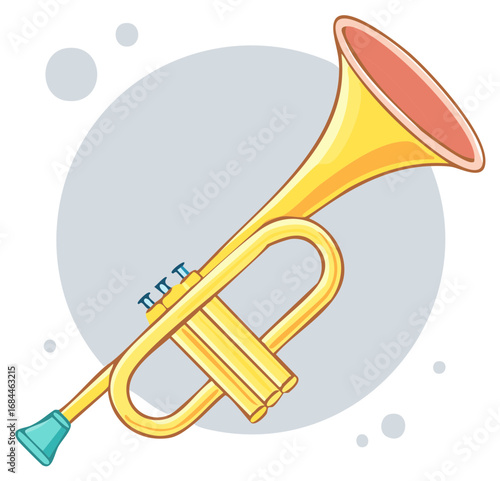 Cartoon style trumpet illustration against a blue background. Music concept art