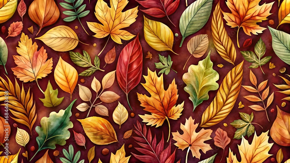 Fototapeta premium Vibrant watercolor autumn leaves pattern background