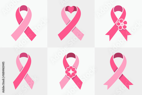Pink ribbon vector pack, breast cancer support symbols, awareness charity solidarity icons, remembrance healthcare graphics, campaign designs