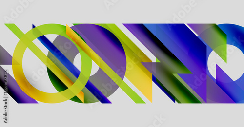 Abstract geometric shapes overlap, creating vibrant color gradients. Composition feels dynamic, modern, visually complex.