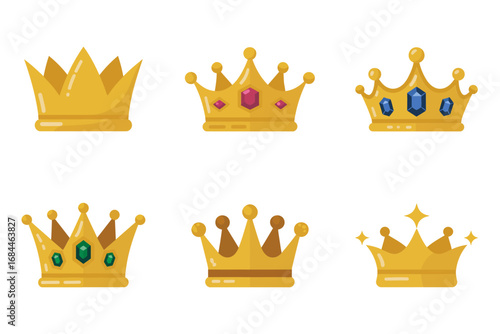 Golden royal crown vector illustration set, luxury coronet icons, regal tiara collection, ceremonial headpiece graphics, monarch symbol designs