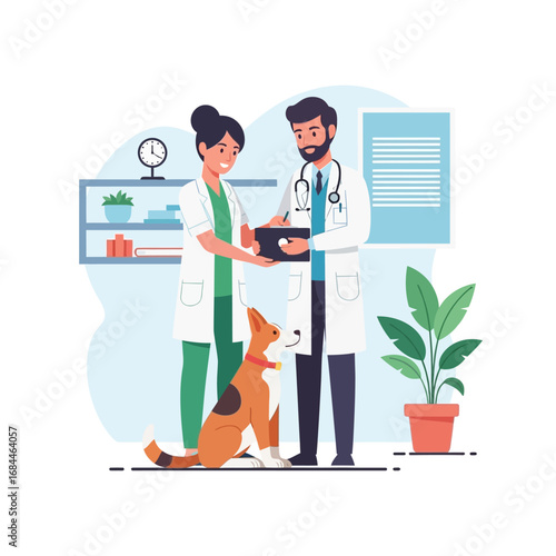 Veterinary healthcare scene depicting a caring doctor and assistant examining a patient dog at a