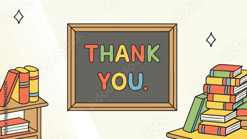 Vector art of a chalkboard with colorful letters spelling out thank you surrounded by books on shelves, symbolizing gratitude and education