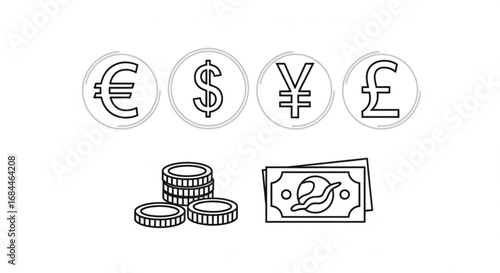 Money currency symbols euro dollar yen pound and cash coins vector illustration for finance and business