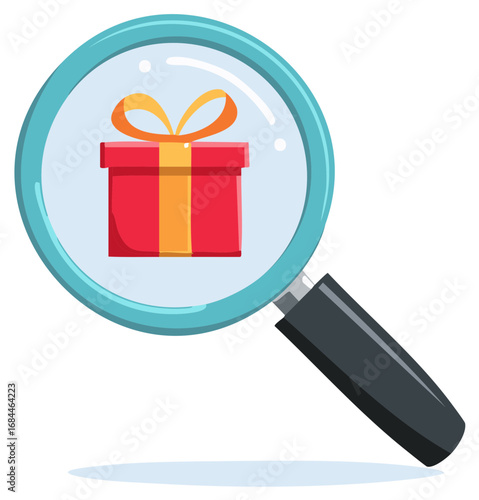 Magnifying glass focusing on a red gift box with a golden ribbon, symbolizing search and discovery