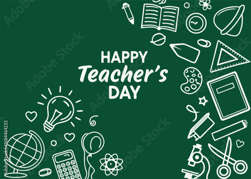 Vector art of happy teachers day celebration with educational icons and chalk drawing on a green chalkboard background