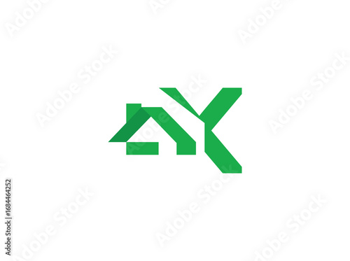Modern real estate logo design featuring abstract house and roof shapes combined with bold letterforms. Created with clean geometric lines and a green color scheme, the design represents growth, x