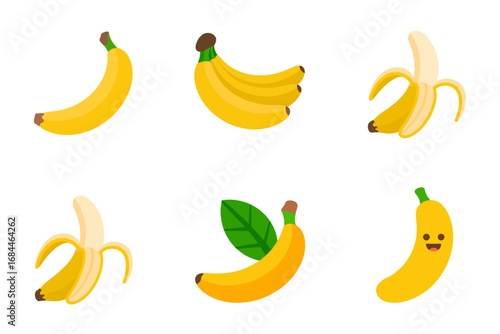 Banana cartoon vector illustration pack, playful banana icons, tropical fruit graphics, peeled banana designs, healthy snack clipart, exotic fruit set