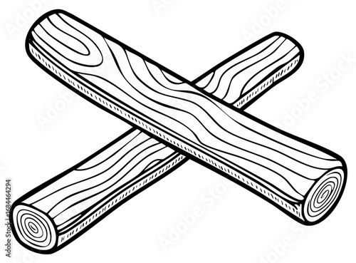 Two rustic wooden logs crossed over each other, hand-drawn outline illustration